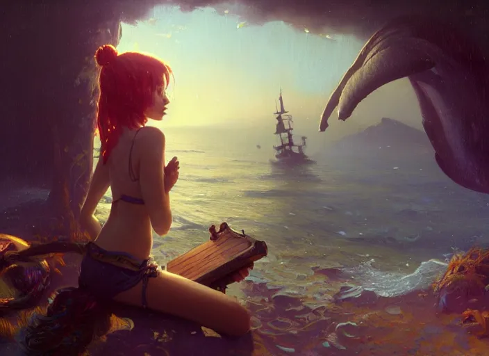 Image similar to wide view picture of a pirate girl, looking at the treasure box, hard breathing, messy hair, very excited, sparkling eyes, magic and fantasy, whale monsters, beautiful and aesthetic and attractive and highly detailed face, specular reflection, occlusion shadow, intricate, bokeh, masterpiece, by ilya kuvshinov and jeremy lipking and quentin mabille