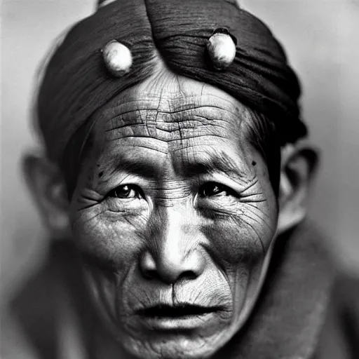 Prompt: ultra realistic vintage photo portrait of a tibetan man with hole spirals in the eyes, by Annie Leibovitz,