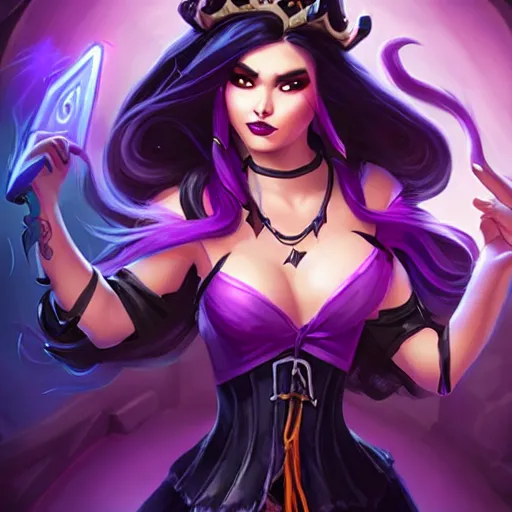 Image similar to a beautiful woman with long black hair, wearing a black corset top and a purple tutu, Hearthstone official splash art