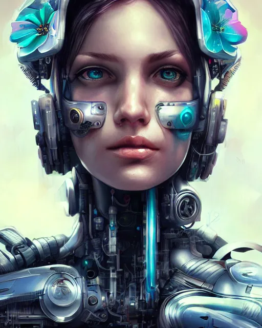 Prompt: photo realism portrait of beautiful cyborg female in cyborg clothes,, cyberpunk, romantisism, outrun, pastel flowers, painting, dramatic, detailed, by android jones, artgerm