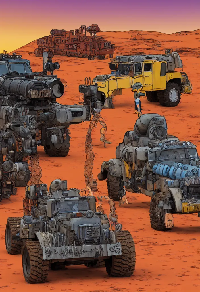 Image similar to Lisa Simpson portrait next to Fury Road War Rig vehicle with desert background, borderlands 4k render