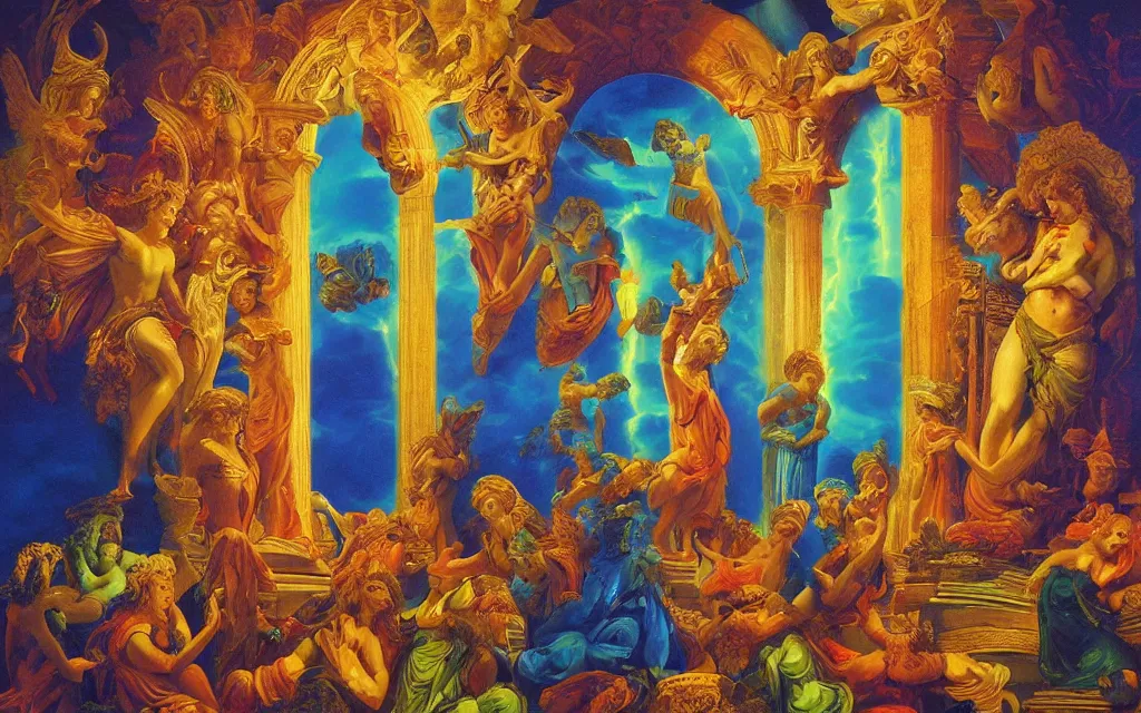 Image similar to holy deva altar of inspiration glowing Greek muses, divine inspiration (hubris) lunar mythos, award winning oil painting, chromatic aberration bright sharp color palette