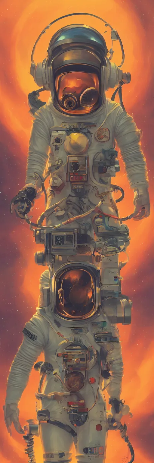 Image similar to a poster design of a cyberpunk astronaut wearing headphones in space, universe, cyberpunk, warm color, Highly detailed labeled, poster, peter mohrbacher, featured on Artstation