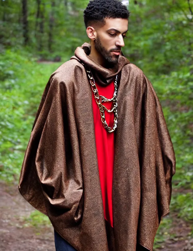 Prompt: longshot full modern detailed colorful cool handsewn textile cloak huge sleeves hispanic brown skin shaved head nature creek river stream in the woods marc jacobs gucci comfortable airy chains necklace