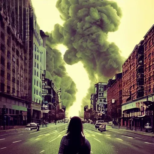 Prompt: a woman up there, cute, city, on fire, photoshop, colossal, instagram, creative and cool, giant, photo manipulation, low angle, smoke, destruction