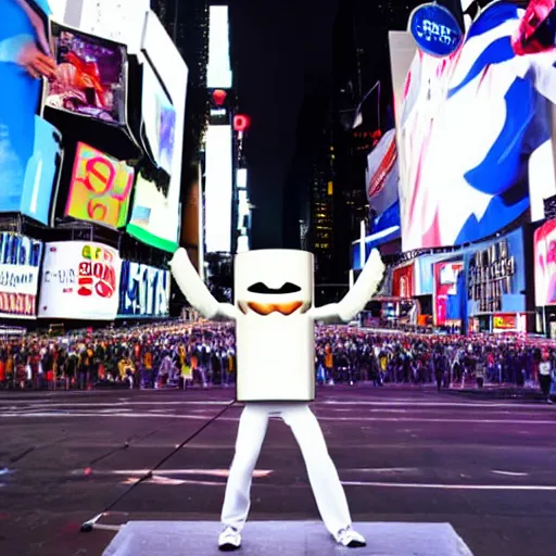 Prompt: dj marshmello working out in times square, realistic, highly detailed