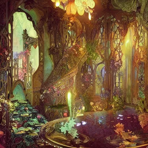 Prompt: a beautiful interior of a fairy castle, fully decorated, furnished with fairy furniture, fairy aesthetics, concept art, by greg rutkowski, alphonso mucha and elena dudina. high details, illustration, beautiful illumination