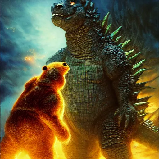 Image similar to godzilla and winnie the pooh are best friends, cinematic composition, epic dramatic lighting, realistic, hyperdetailed, photorealistic, photograph, epic scale by gaston bussiere