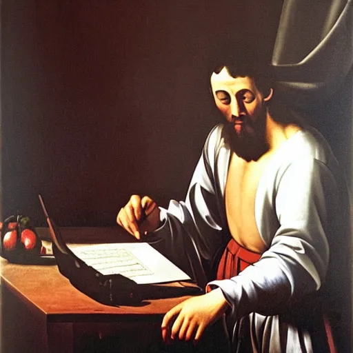 Prompt: man working on his laptop at home wearing pajamas, painting by caravaggio