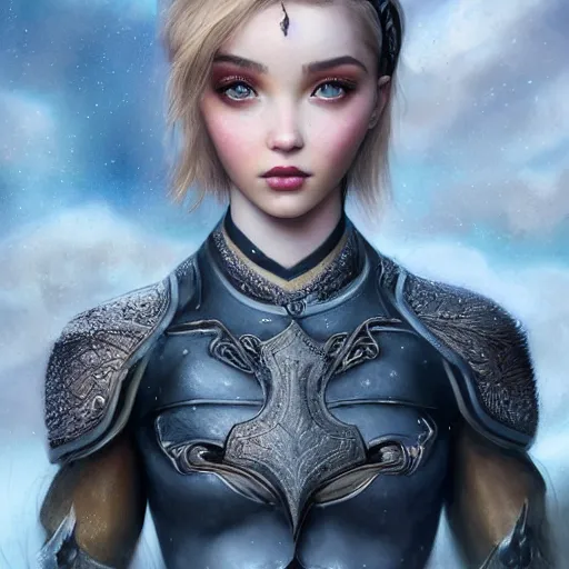 Prompt: tom bagshaw, very beautiful genetic mix of dove cameron madison beer bella poarch in a gorgeous ranger archer nightshade armor and short boyish tomboy blonde haircut, natural makeup, professionally retouched, focus eyes, ultra realistic soft painting, insanely detailed linework, partial symmetrical accurate intricate features, behance artstation, 8 k, dark fantasy background