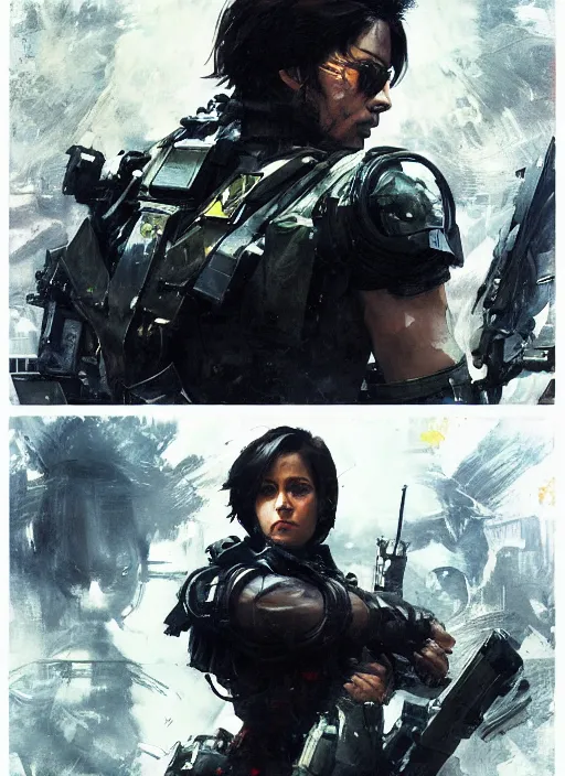 Prompt: Leni Robredo wearing metal gear armor holding a shotgun dramatic lighting art by Yoji Shinkawa by Richard Schmid by greg rutkowski by Sandra Chevrier by Jeremy Lipking cinematic dramatic