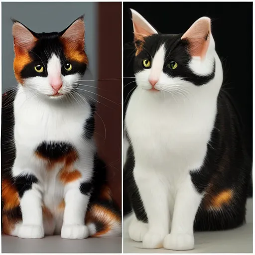 Prompt: a calico kitty side view and front view