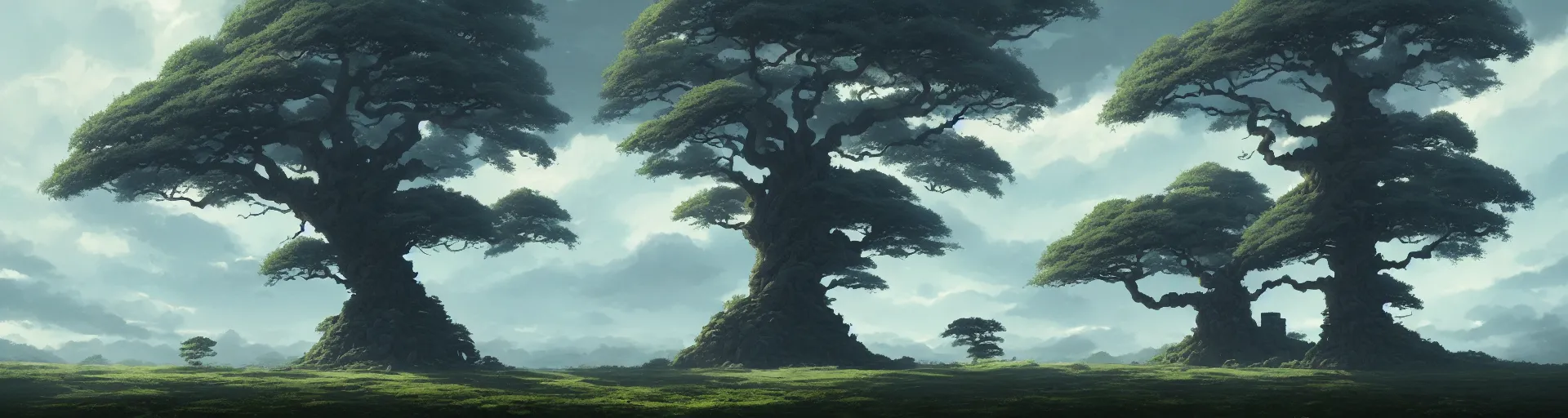 Prompt: a landscape of a single ancient ash tree, studio kyoto, castle in the sky, animated, anime, illustrated, by greg rutkowski on artstation