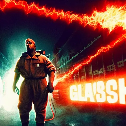 Image similar to kanye west in ghostbusters game, splash art, movie still, cinematic lighting, dramatic, octane render, long lens, shallow depth of field, bokeh, anamorphic lens flare, 8 k, hyper detailed, 3 5 mm film grain