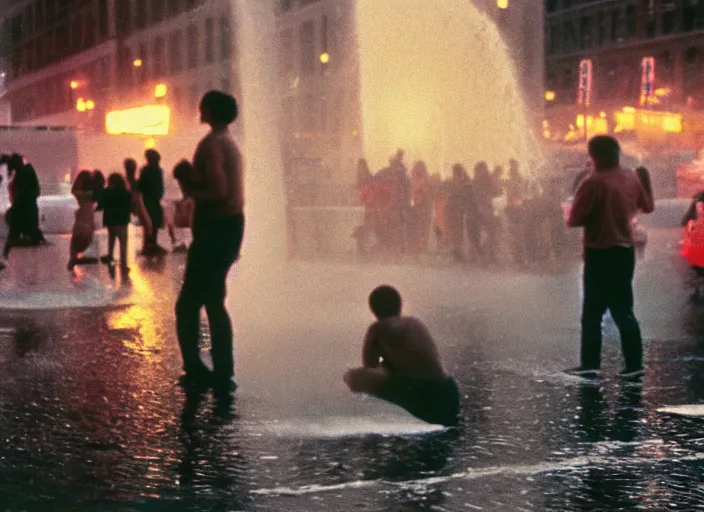 Image similar to a 3 5 mm photo from the back of people playing in splashing water from an open fire hydrant in the streets of new york city in the 1 9 6 0 s, bokeh, canon 5 0 mm, cinematic lighting, dramatic, film, photography, golden hour, depth of field, award - winning, 3 5 mm film grain