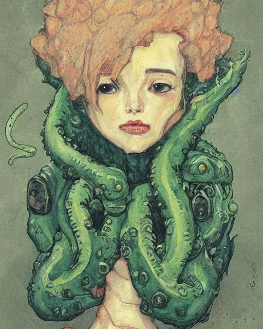 Image similar to portrait of kawaii cthulhu by greg rutkowski in the style of egon schiele