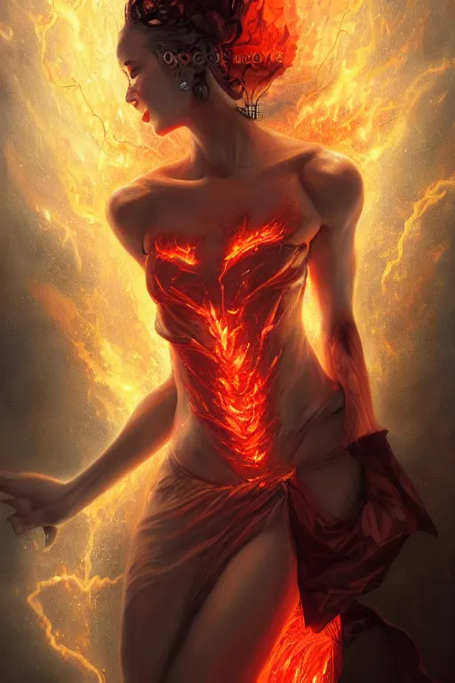 Image similar to torso closeup model wearing exploding ice fire lava dress, sorcerer, diamonds, angel, fantasy, dramatic lighting, highly detailed, digital painting, holding electricity, magic the gathering, hyper detailed, 3 d render, hyper realistic detailed portrait, peter mohrbacher, wlop, ruan jia