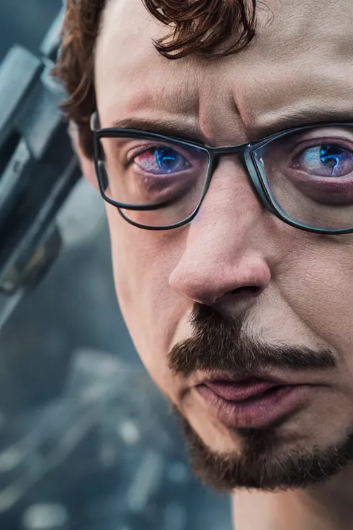 Prompt: Sam Hyde as Iron Man in Infinity War, close-up, sigma male, rule of thirds, award winning photo, unreal engine, studio lighting, highly detailed features, interstellar space setting