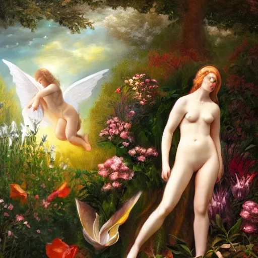 Prompt: eve in a garden of life, angels, oil painting, pale colors, high detail, 8 k, wide angle, trending on artstation