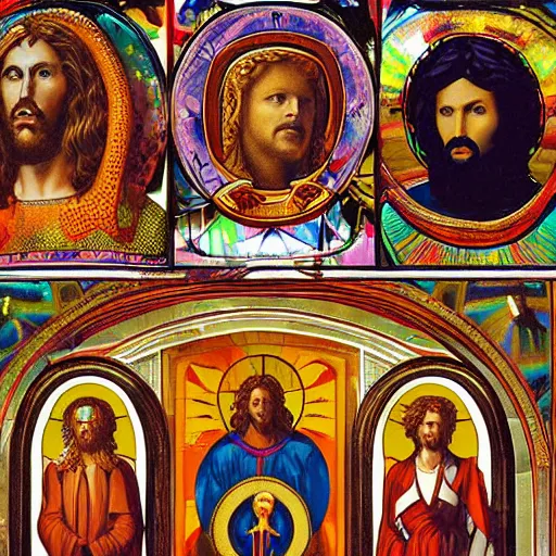 Prompt: church of disco jesus, a triptych of medusa, thor and weird al yankovich in the back ground, intricate, designed by Michelangelo n 3