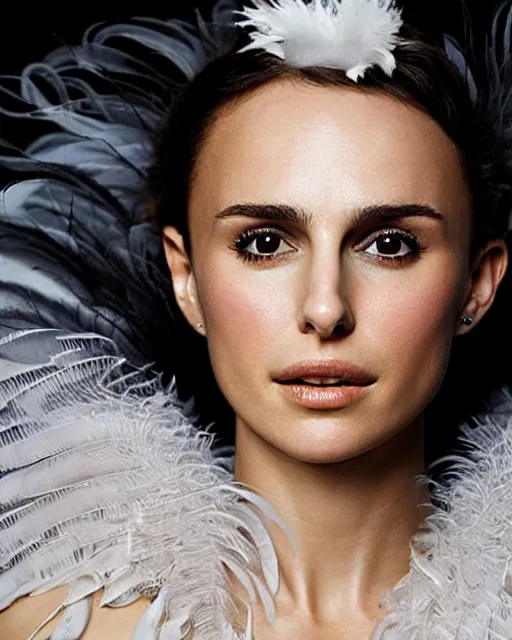 Prompt: nathalie portman wearing a risque outfit made from feathers, half body portrait, greg kutkowski, sharp details, soft lighting, subsurface scattering, pearls of sweat, glistening skin, warm lighting