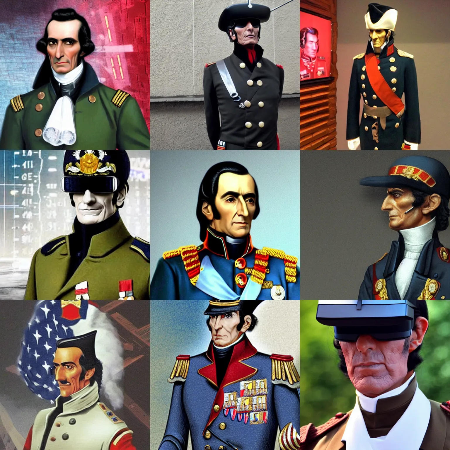 Prompt: simon bolivar in his military outfit, wearing a vr heaset ready to enter the matrix. cyberpunk.