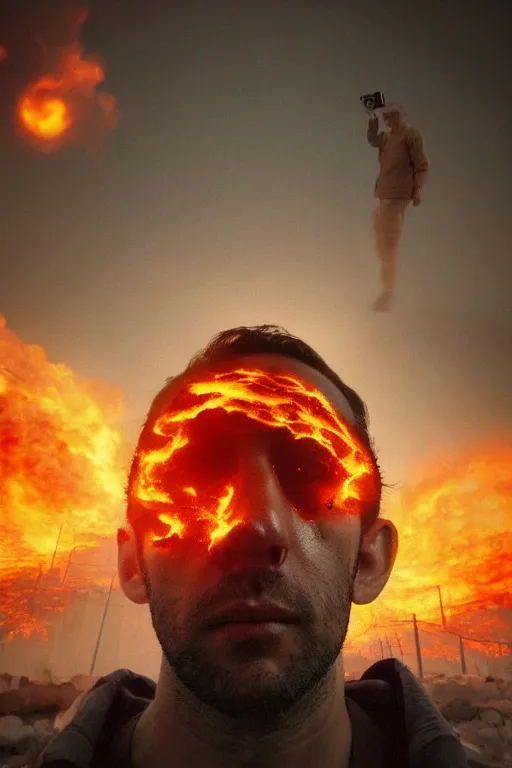 Image similar to Selfie of the last man on Earth with a background of the world on fire, selfie photography, selfie, close-up photography, trending on artstation, artstationHD, artstationHQ, 4k, 8k, photorealistic, in a dark and horrific style.