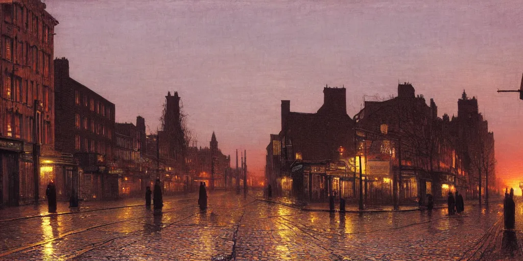 Image similar to street at sunset, highly detailed, 8K, by Atkinson Grimshaw John