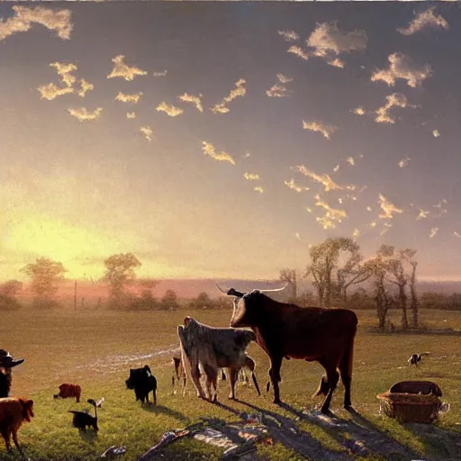 Prompt: an extremely detailed matte painting of a rancher feeding the animals at sunrise, tall rancher wearing a cowboy hat, dogs, cows, sheep, chickens, ducks, 4 k, ranch the morning after a light snowfall, by bob ross and norman rockwell and albert bierstadt