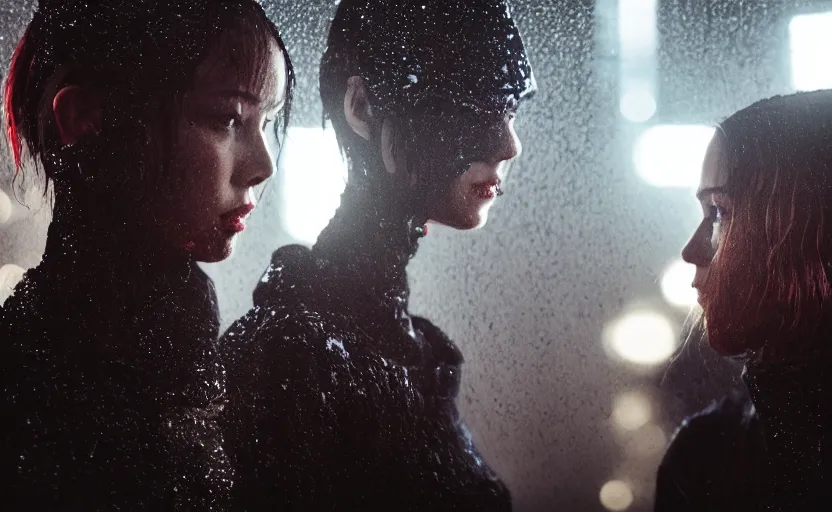 Image similar to cinestill 5 0 d candid photographic portrait by christopher nolan of two loving female androids wearing rugged black mesh techwear in treacherous waters, extreme closeup, modern cyberpunk moody emotional cinematic, pouring rain menacing red spotlight, 8 k, hd, high resolution, 3 5 mm, f / 3 2, ultra realistic faces, ex machina