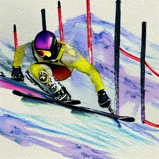 Prompt: “Watercolor sketch of a downhill competition skier making a tight turn by a gate. You can feel the speed.”