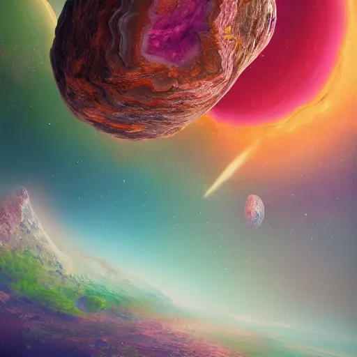 Image similar to a colorful geode as big as a planet in orbit, fantasy, sci-fi, cgsociety,4k,ultrarealistic,detailed