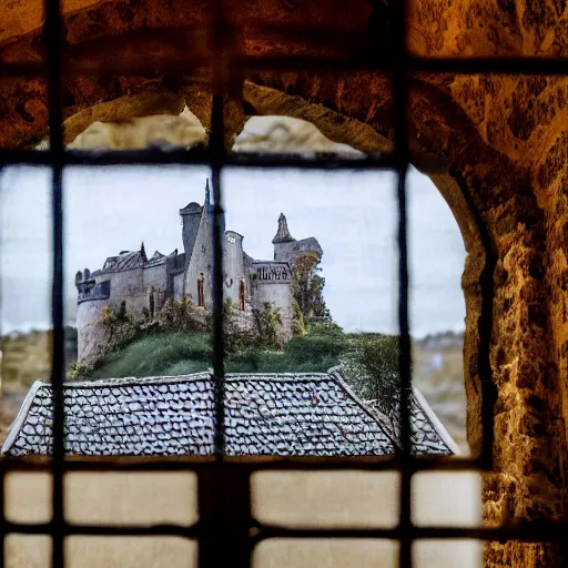 Prompt: A photo of a glass bottle with a medieval castle inside it. Studio lighting, high quality, detailed