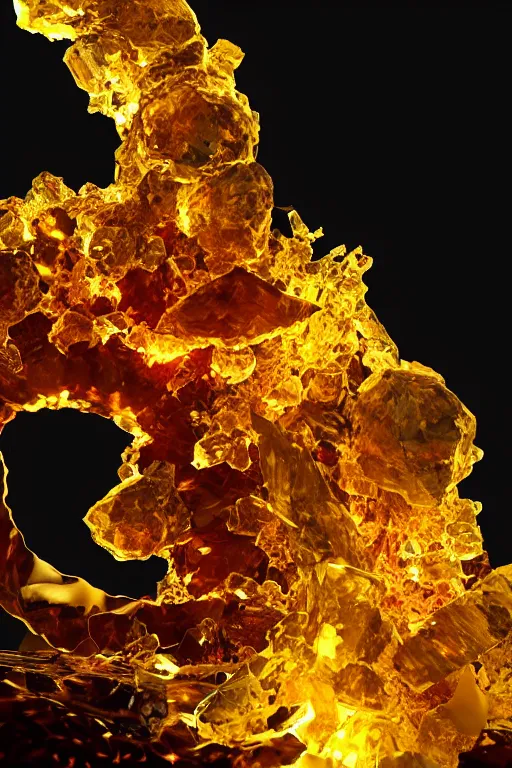 Prompt: A single elemental fire crystal glowing with power, Alone, Surrounded by darkness, concept art, illustration, burning hot and covered in flowing fluid art. Magic Stone. Ruby Stone. Liquid Gold. Crystal structure. Glowing Hot. Spirals. Melting. Intricate. Hyper Real. 4K. Octane Render. Empty Background. Black Background.