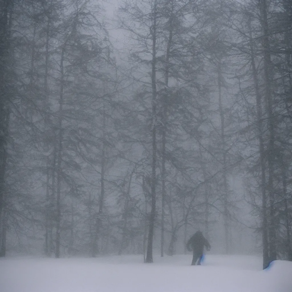 Image similar to photo, bigfoot is hiding in the background. cold color temperature, snow storm. hazy atmosphere. humidity haze. kodak ektachrome, greenish expired film, award winning, low contrast