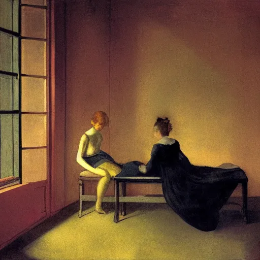 Prompt: a girl in a gold haunted liminal room, digital painting by goya and balthus, colors by pontormo, lights by hopper, extreme detail, liminal aesthetic, background art nouveau