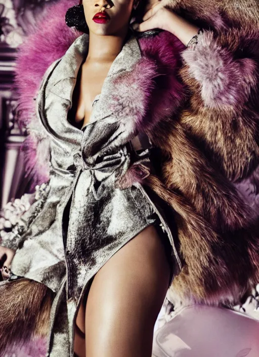 Image similar to rihanna styled by nick knight posing in an expensive mansion setting, vogue magazine, highly realistic. high resolution. highly detailed. dramatic. 8 k. 4 k.