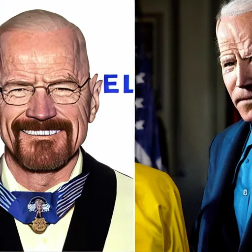 Image similar to Walter White is awarded the Presidential Medal of Freedom from Joe Biden in Breaking Bad