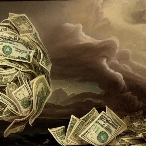 Image similar to dollar bills swirling in a tornado, dollar bills in the wind, raining dollar bills from the clouds in the background by Ansel Adams and Bernardo Bellotto, oil on canvas, artstation, dramatic scenery, masterpiece, aesthetic