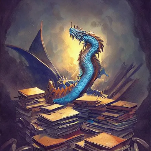 Image similar to blue dragon sitting on a hoard of books, fantasy, dnd, art by greg rutkowski