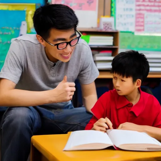 Prompt: asian guy with glasses in a red baseball cap teaching kids in school