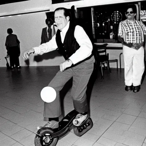 Prompt: Photo of President Nixon rollerblading in a Mexican restaurant, award-winning front-page newspaper, grainy, 1970s