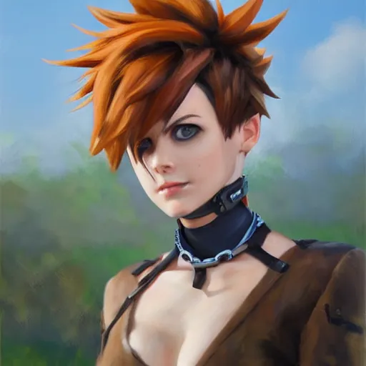 Prompt: oil painting of tracer overwatch in a field wearing spiked collar around neck, in style of raymond swanland, expressive face, wearing choker, steel collar, steel choker, wearing collar on neck, detailed face, detailed eyes, full body, feminine face, tracer overwatch,