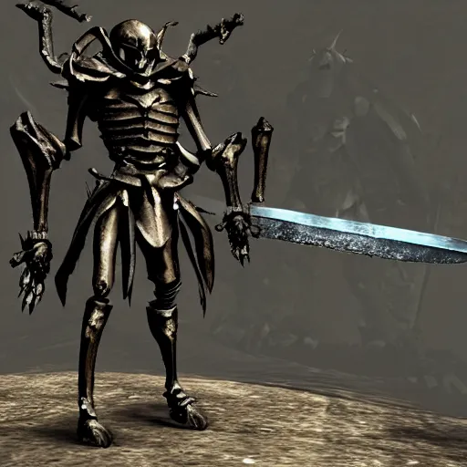 Image similar to Powerful knight, with demonic sword, standing in front of skeleton army, style from Skyrim