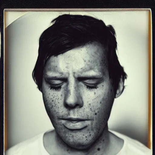 Image similar to a professional polaroid portrait photo of a man with an asymmetrical face with his eyes closed. the man has black hair, freckled skin and a look of panic on his face. extremely high fidelity. key light.