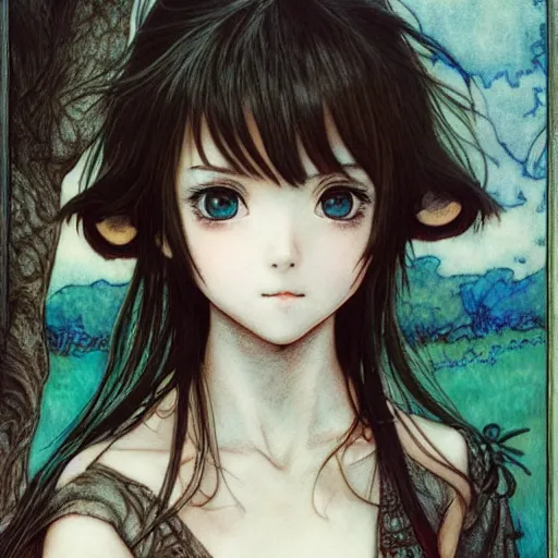 Image similar to photo of a cute young anime-style girl in the style of Arthur Rackham, realistic, wide focus, 8k ultra, insanely detailed, intricate, elegant, art by Laurie Lipton, digital art by James Clyne, art by Steve Hanks