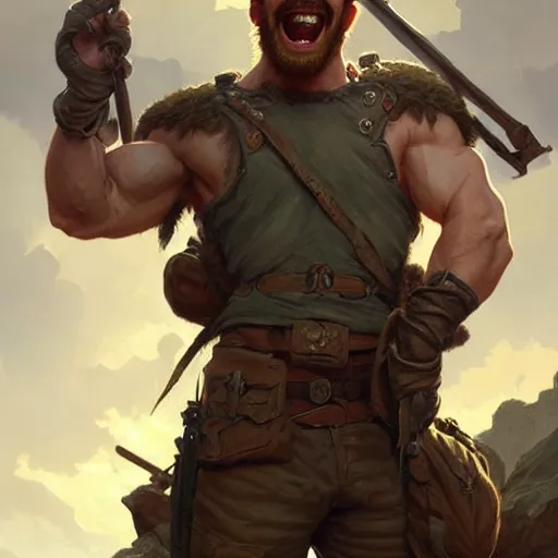 Prompt: Rugged male ranger laughing with his friends, relaxed, D&D, muscular, upper body, fantasy, intricate, elegant, highly detailed, digital painting, artstation, concept art, smooth, sharp focus, illustration, art by artgerm and greg rutkowski and alphonse mucha