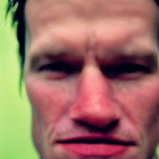 Image similar to A close-up of John face, captured in low light with a soft focus. There is a gentle green hue to the image, and the John cena’s features are lightly blurred. Cinestill 800t