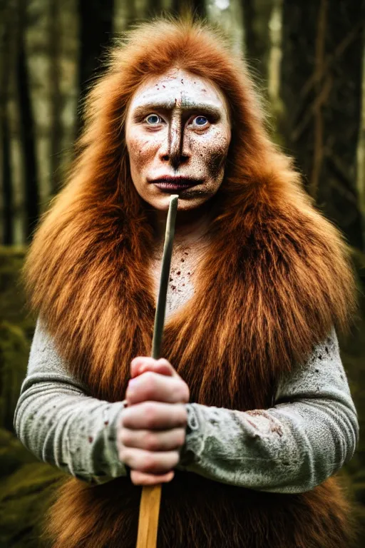 Image similar to a professional portrait photo of a gentle strong neanderthal woman in the forest in winter holding a spear, freckles and mud on face, black stripe painted side to side across her eyes, ginger hair and fur, extremely high fidelity, natural lighting,