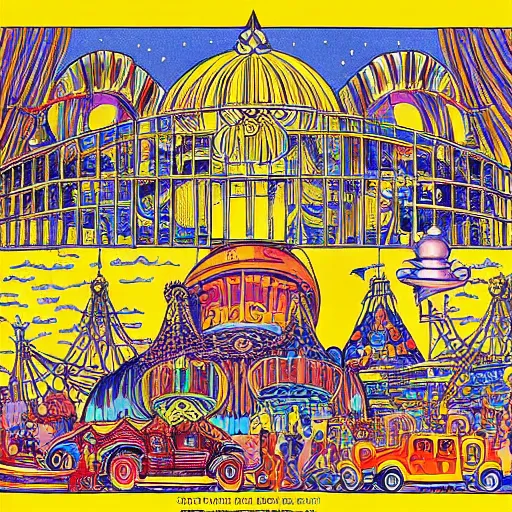 Prompt: ghastly ornate circus barnum & bailey grand tent abandoned grand frank lloyd wright architectural library ; robert mccall space illustration doesburg mondian cityscape colorful sunset skies dr. - seuss curvy structures yellow - submarine